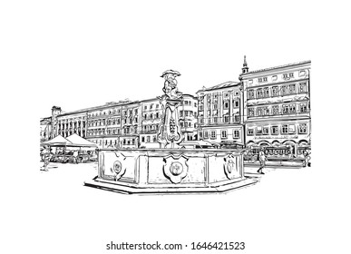 Building view with landmark of Linz is a city in Upper Austria, straddling the Danube River midway between Salzburg and Vienna. Han drawn sketch illustration in vector.