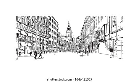 Building view with landmark of Linz is a city in Upper Austria, straddling the Danube River midway between Salzburg and Vienna. Han drawn sketch illustration in vector.