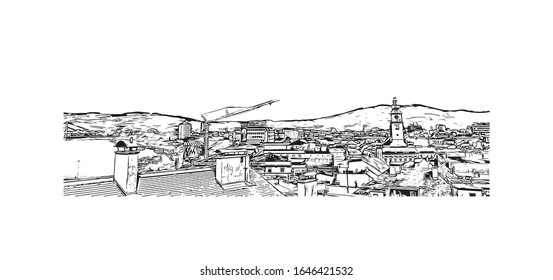 Building view with landmark of Linz is a city in Upper Austria, straddling the Danube River midway between Salzburg and Vienna. Han drawn sketch illustration in vector.