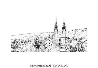 Building view with landmark of Linz is a city in Upper Austria, straddling the Danube River midway between Salzburg and Vienna. Han drawn sketch illustration in vector.