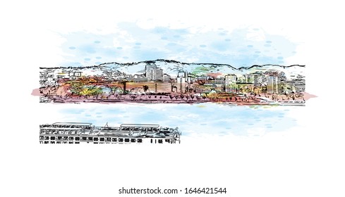 Building view with landmark of Linz is a city in Upper Austria, straddling the Danube River midway between Salzburg and Vienna. Watercolor splash with Han drawn sketch illustration in vector.