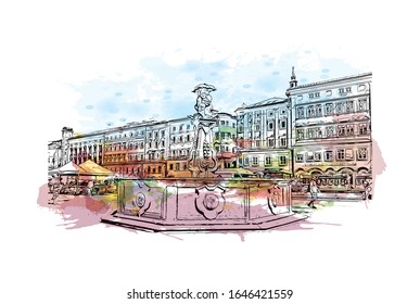 El edificio con vistas a Linz es una ciudad en el Alto Austria, a lo largo del río Danubio, entre Salzburgo y Viena. Sacudida de color de agua con ilustración de dibujo Han en vector.