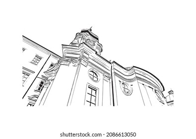 Building view with landmark of  Linz is the 
city in Austria. Hand drawn sketch illustration in vector.