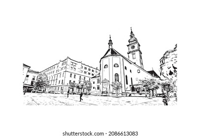 Building view with landmark of  Linz is the 
city in Austria. Hand drawn sketch illustration in vector.