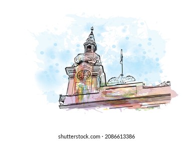 Building view with landmark of  Linz is the 
city in Austria. Watercolor splash with hand drawn sketch illustration in vector.