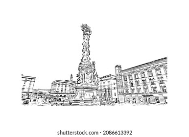 Building view with landmark of  Linz is the 
city in Austria. Hand drawn sketch illustration in vector.