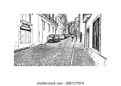 Building view with landmark of Lisbon is the 
capital of Portugal. Hand drawn sketch illustration in vector.