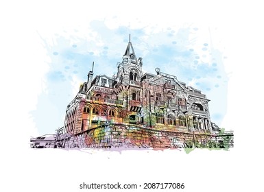 Building view with landmark of Lisbon is the 
capital of Portugal. Watercolor splash with hand drawn sketch illustration in vector.