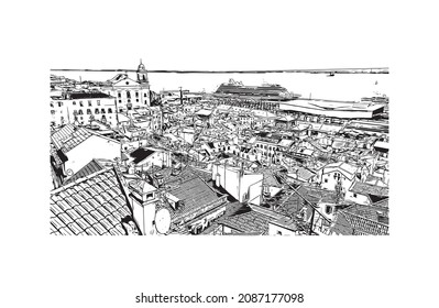 Building view with landmark of Lisbon is the 
capital of Portugal. Hand drawn sketch illustration in vector.