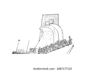 Building view with landmark of Lisbon is the 
capital of Portugal. Hand drawn sketch illustration in vector.