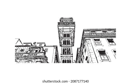 Building view with landmark of Lisbon is the 
capital of Portugal. Hand drawn sketch illustration in vector.