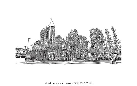 Building view with landmark of Lisbon is the 
capital of Portugal. Hand drawn sketch illustration in vector.
