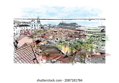 Building view with landmark of Lisbon is the 
capital of Portugal. Watercolor splash with hand drawn sketch illustration in vector.