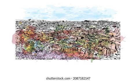 Building view with landmark of Lisbon is the 
capital of Portugal. Watercolor splash with hand drawn sketch illustration in vector.