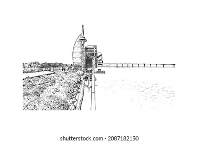 Building view with landmark of Lisbon is the 
capital of Portugal. Hand drawn sketch illustration in vector.