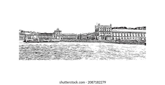 Building view with landmark of Lisbon is the 
capital of Portugal. Hand drawn sketch illustration in vector.