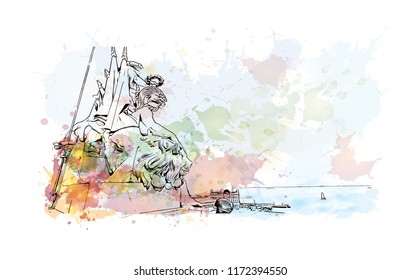 Building view with landmark of Lisbon is Portugal’s hilly, coastal capital city. Watercolor splash with hand drawn sketch illustration in vector.