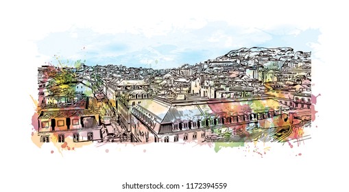 Building view with landmark of Lisbon is Portugal’s hilly, coastal capital city. Watercolor splash with hand drawn sketch illustration in vector.