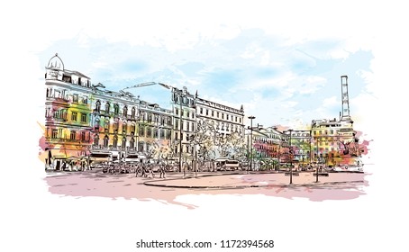 Building view with landmark of Lisbon is Portugal’s hilly, coastal capital city. Watercolor splash with hand drawn sketch illustration in vector.