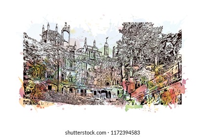 Building view with landmark of Lisbon is Portugal’s hilly, coastal capital city. Watercolor splash with hand drawn sketch illustration in vector.