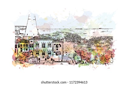 Building view with landmark of Lisbon is Portugal’s hilly, coastal capital city. Watercolor splash with hand drawn sketch illustration in vector.
