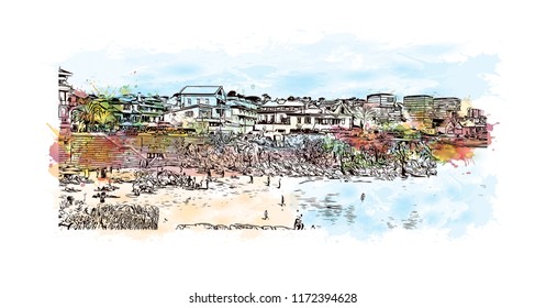 Building view with landmark of Lisbon is Portugal’s hilly, coastal capital city. Watercolor splash with hand drawn sketch illustration in vector.