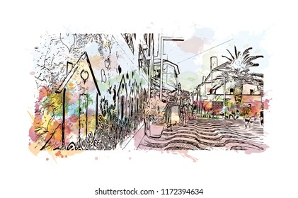 Building view with landmark of Lisbon is Portugal’s hilly, coastal capital city. Watercolor splash with hand drawn sketch illustration in vector.