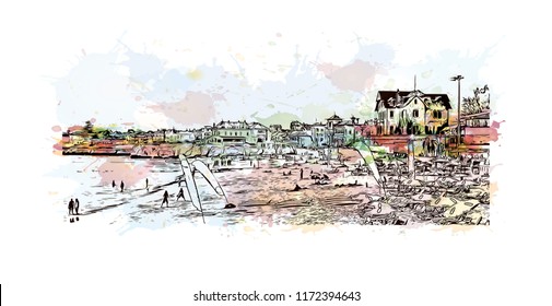 Building view with landmark of Lisbon is Portugal’s hilly, coastal capital city. Watercolor splash with hand drawn sketch illustration in vector.