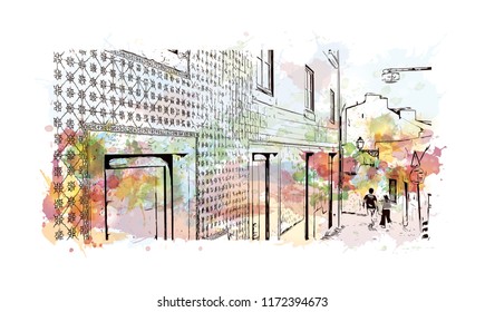 Building view with landmark of Lisbon is Portugal’s hilly, coastal capital city. Watercolor splash with hand drawn sketch illustration in vector.
