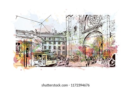 Building view with landmark of Lisbon is Portugal’s hilly, coastal capital city. Watercolor splash with hand drawn sketch illustration in vector.