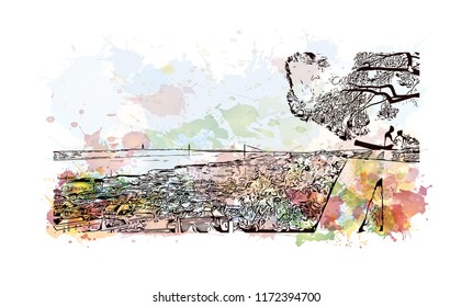Building view with landmark of Lisbon is Portugal’s hilly, coastal capital city. Watercolor splash with hand drawn sketch illustration in vector.