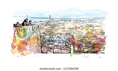 Building view with landmark of Lisbon is Portugal’s hilly, coastal capital city. Watercolor splash with hand drawn sketch illustration in vector.