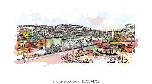 Building view with landmark of Lisbon is Portugal’s hilly, coastal capital city. Watercolor splash with hand drawn sketch illustration in vector.