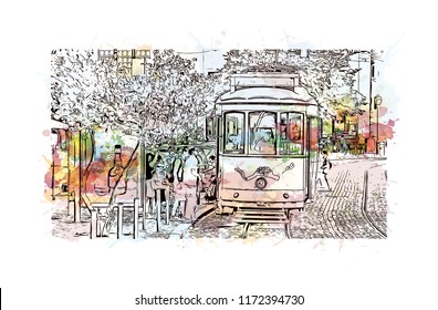 Building view with landmark of Lisbon is Portugal’s hilly, coastal capital city. Watercolor splash with hand drawn sketch illustration in vector.