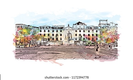 Building view with landmark of Lisbon is Portugal’s hilly, coastal capital city. Watercolor splash with hand drawn sketch illustration in vector.