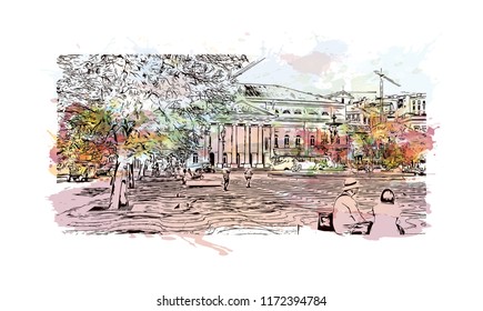 Building view with landmark of Lisbon is Portugal’s hilly, coastal capital city. Watercolor splash with hand drawn sketch illustration in vector.