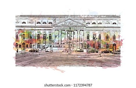 Building view with landmark of Lisbon is Portugal’s hilly, coastal capital city. Watercolor splash with hand drawn sketch illustration in vector.