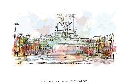 Building view with landmark of Lisbon is Portugal’s hilly, coastal capital city. Watercolor splash with hand drawn sketch illustration in vector.