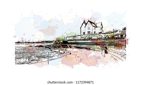 Building view with landmark of Lisbon is Portugal’s hilly, coastal capital city. Watercolor splash with hand drawn sketch illustration in vector.