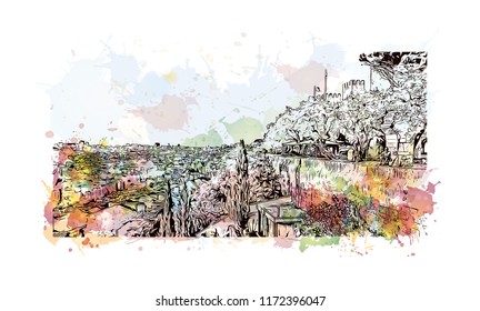 Building view with landmark of Lisbon is Portugal’s hilly, coastal capital city. Watercolor splash with hand drawn sketch illustration in vector.
