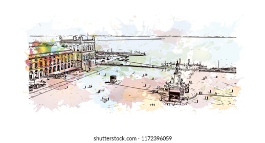 Building view with landmark of Lisbon is Portugal’s hilly, coastal capital city. Watercolor splash with hand drawn sketch illustration in vector.