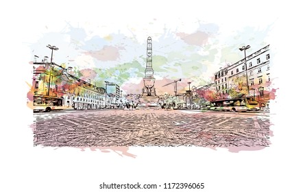 Building view with landmark of Lisbon is Portugal’s hilly, coastal capital city. Watercolor splash with hand drawn sketch illustration in vector.