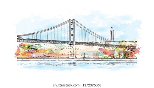 Building view with landmark of Lisbon is Portugal’s hilly, coastal capital city. Watercolor splash with hand drawn sketch illustration in vector.