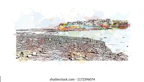 Building view with landmark of Lisbon is Portugal’s hilly, coastal capital city. Watercolor splash with hand drawn sketch illustration in vector.