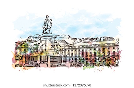 Building view with landmark of Lisbon is Portugal’s hilly, coastal capital city. Watercolor splash with hand drawn sketch illustration in vector.