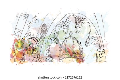Building view with landmark of Lisbon is Portugal’s hilly, coastal capital city. Watercolor splash with hand drawn sketch illustration in vector.