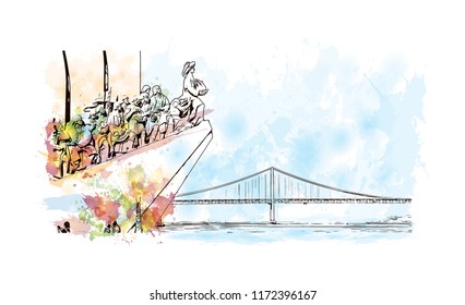 Building view with landmark of Lisbon is Portugal’s hilly, coastal capital city. Watercolor splash with hand drawn sketch illustration in vector.