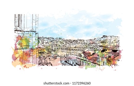 Building view with landmark of Lisbon is Portugal’s hilly, coastal capital city. Watercolor splash with hand drawn sketch illustration in vector.