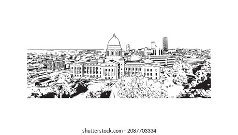 Building view with landmark of Little Rock is the 
city in Arkansas. Hand drawn sketch illustration in vector.