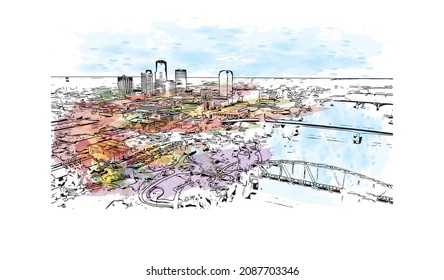 Building view with landmark of Little Rock is the 
city in Arkansas. Watercolor splash with hand drawn sketch illustration in vector.